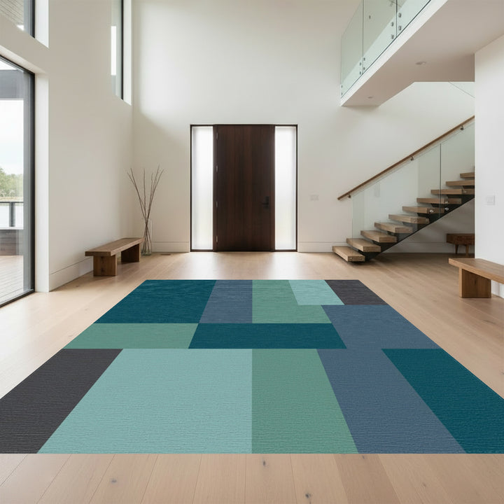 Serene Teal Slate Geometric Blocks Rug
