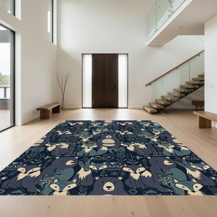 Forest Animals Blue Woodland Narrative Rug