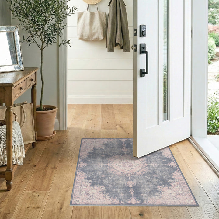 Distressed Vintage Pink Floral Grey Area Rug