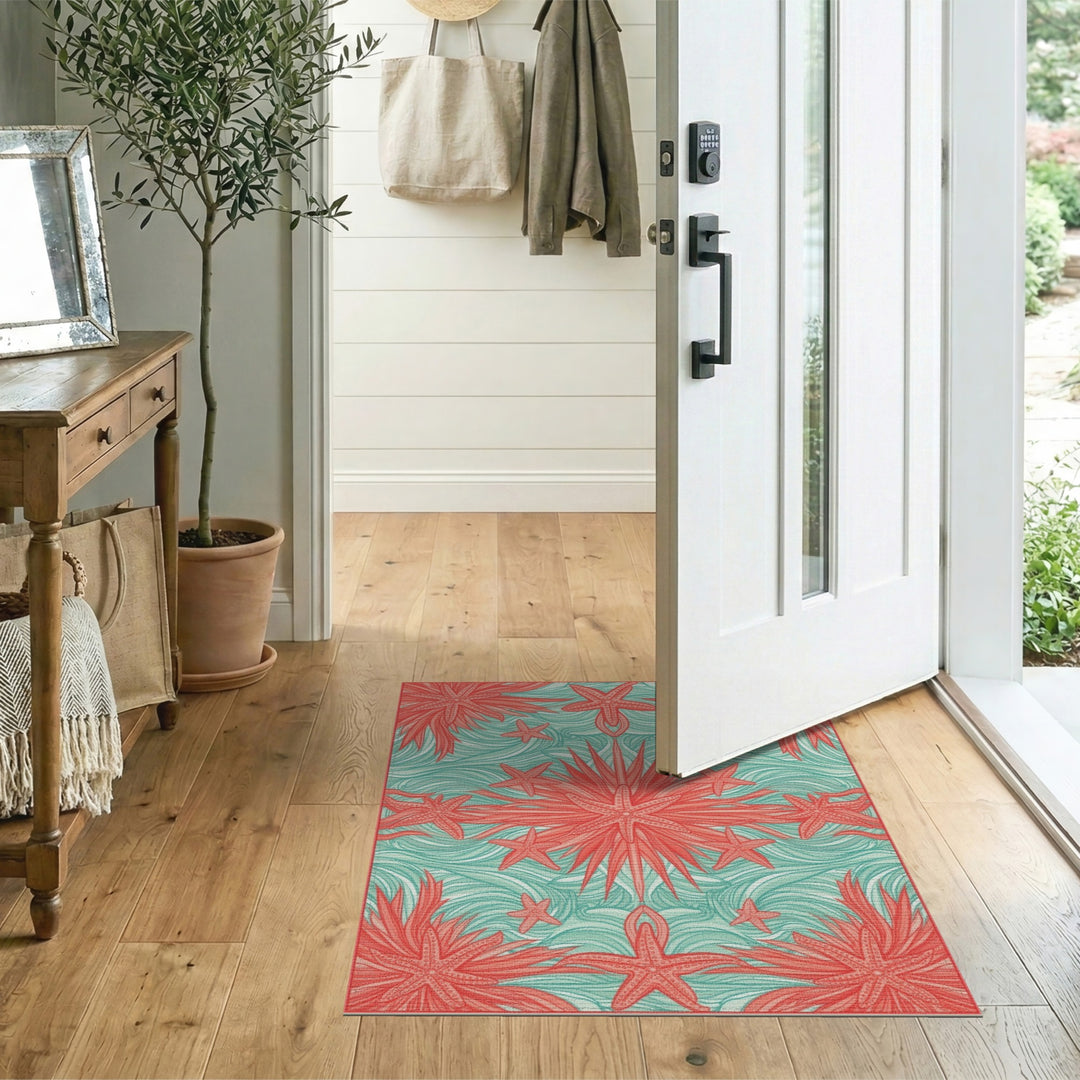 Coral Starfish Teal Wave Area Rug
