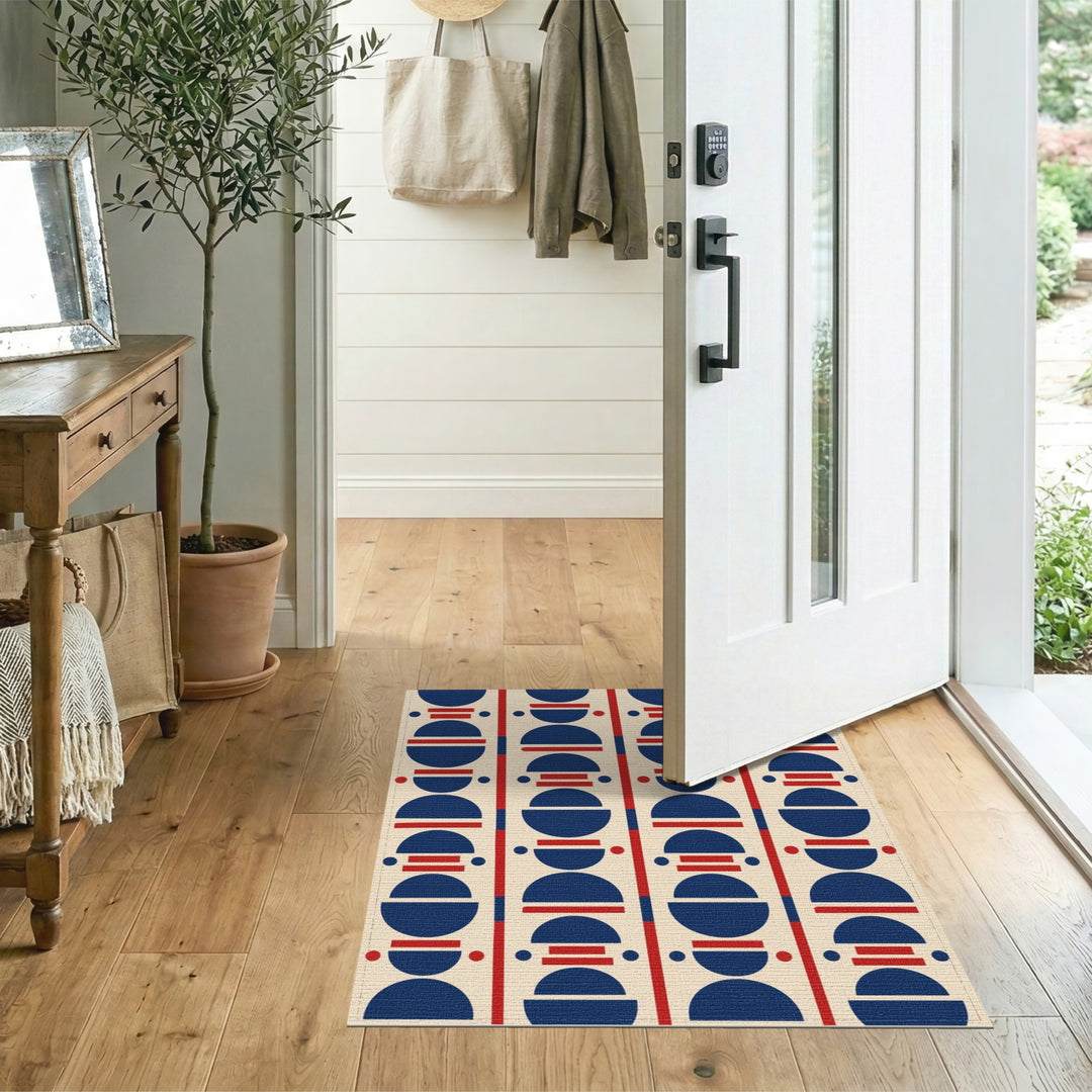 Navy Blue Red Geometric Area Rug