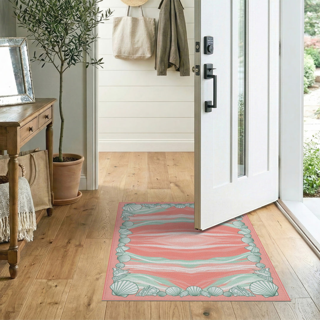 Pink Seashell Border Coastal Area Rug