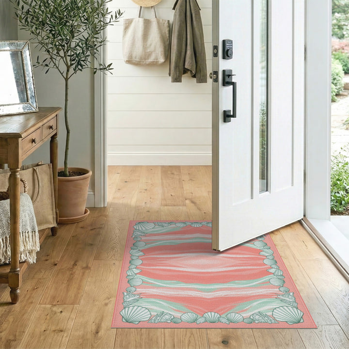 Pink Seashell Border Coastal Area Rug