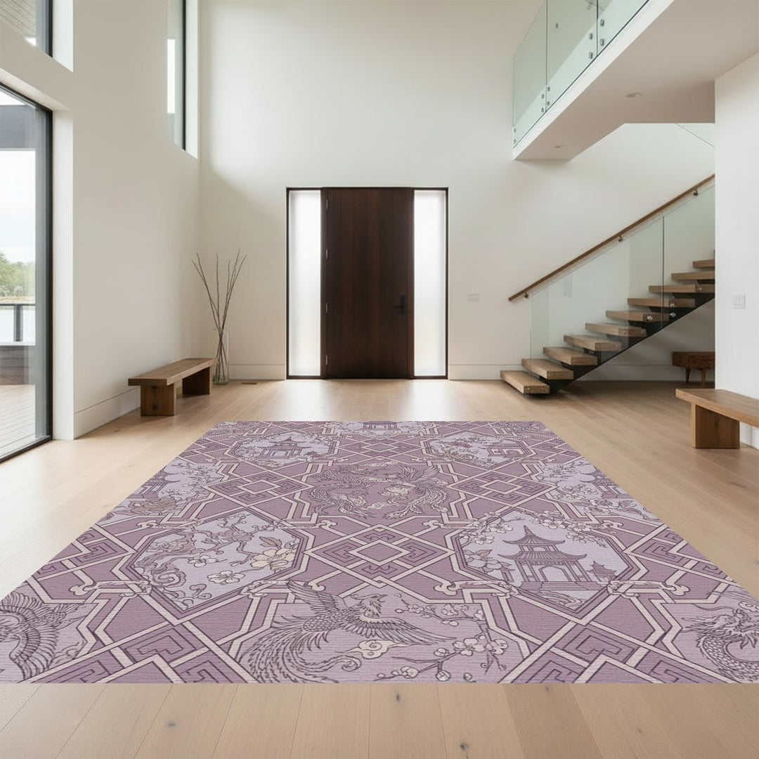 Mauve Dragon Phoenix Pagoda Blossom Tile Rug