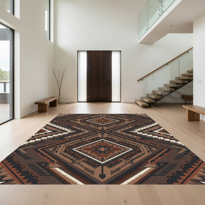Earthy Brown Geometric Diamond Medallion Rug