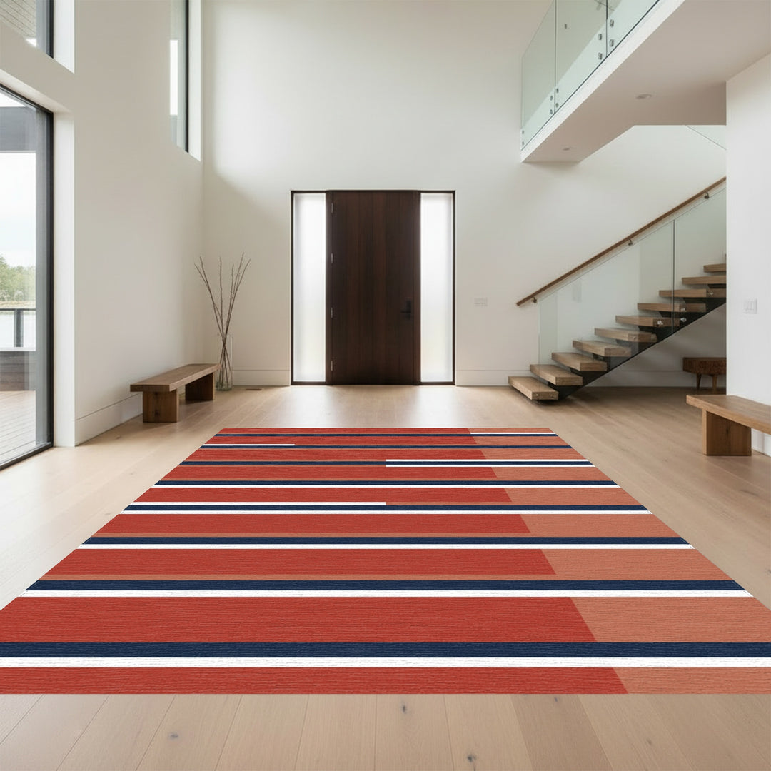 Earthy Red Navy Stripe Collage Rug