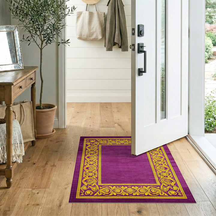 Purple Floral Vintage Area Rug with Yellow Border