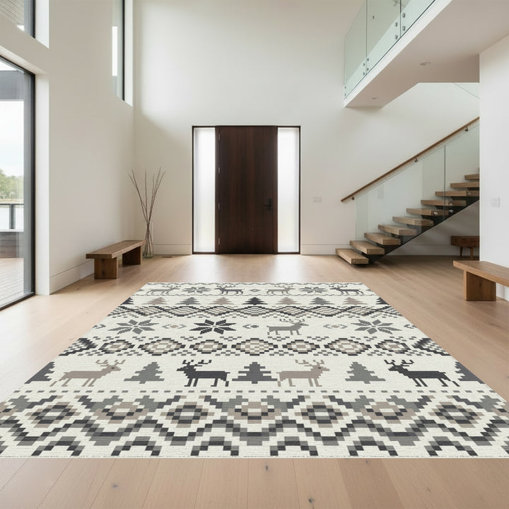 Neutral Reindeer Forest Folk Art Rug