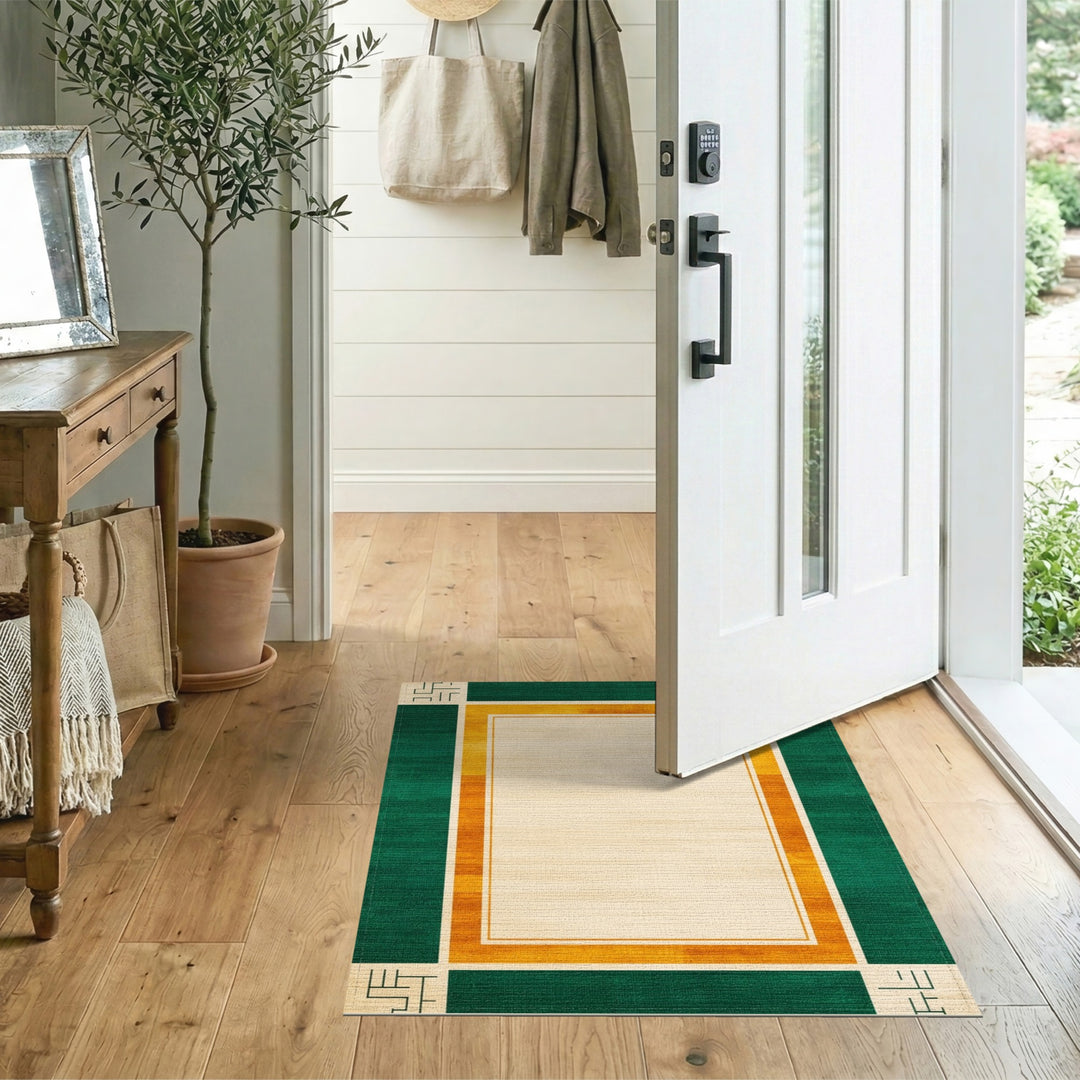 Green Geometric Area Rug with Orange Border