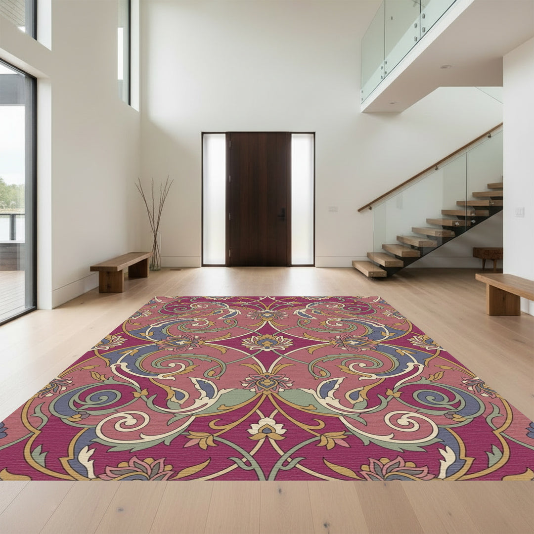 Deep Plum Floral Scrollwork Art Rug