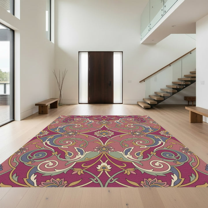 Deep Plum Floral Scrollwork Art Rug