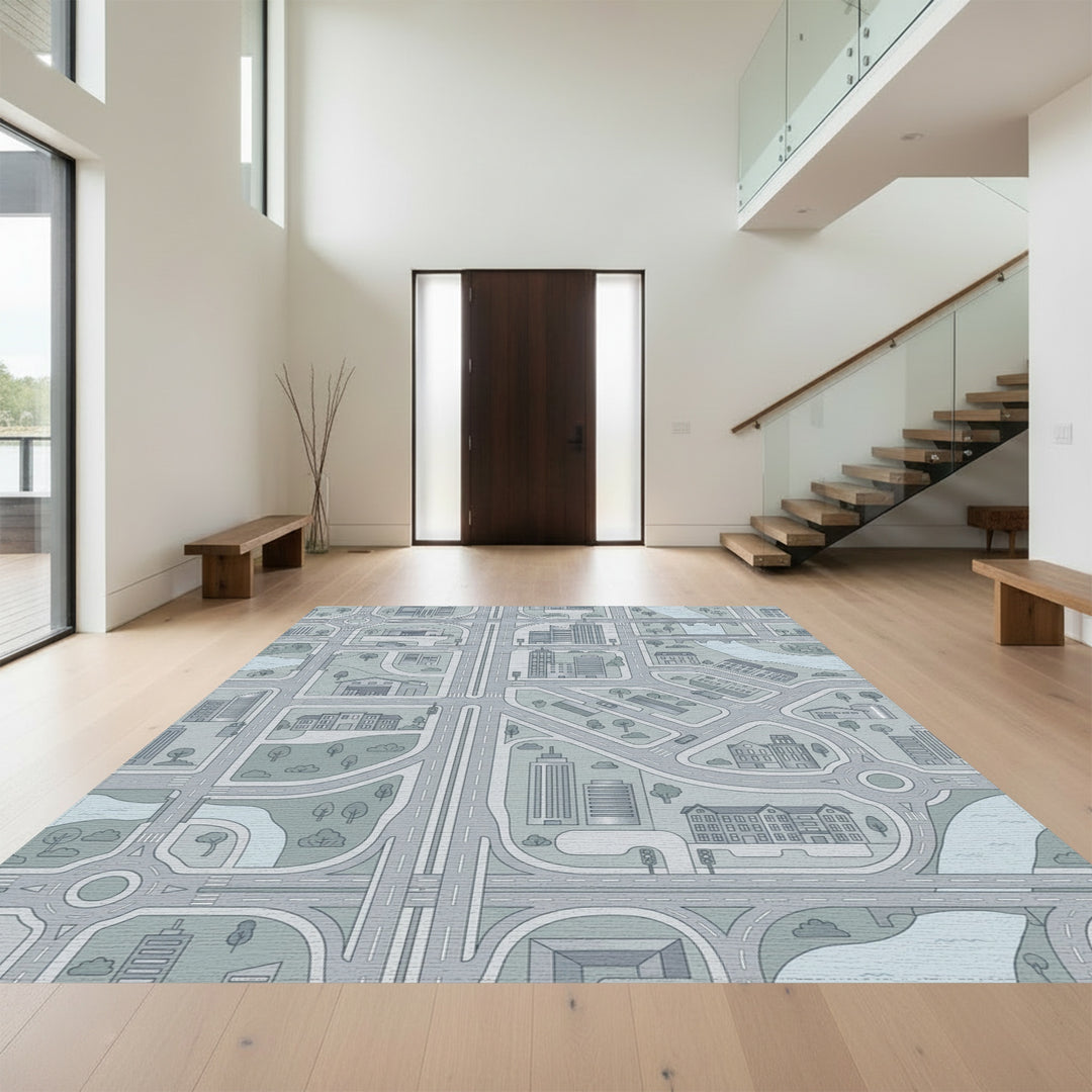 Monochromatic Cityscape Blue Buildings Map Rug