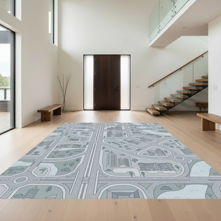 Monochromatic Cityscape Blue Buildings Map Rug