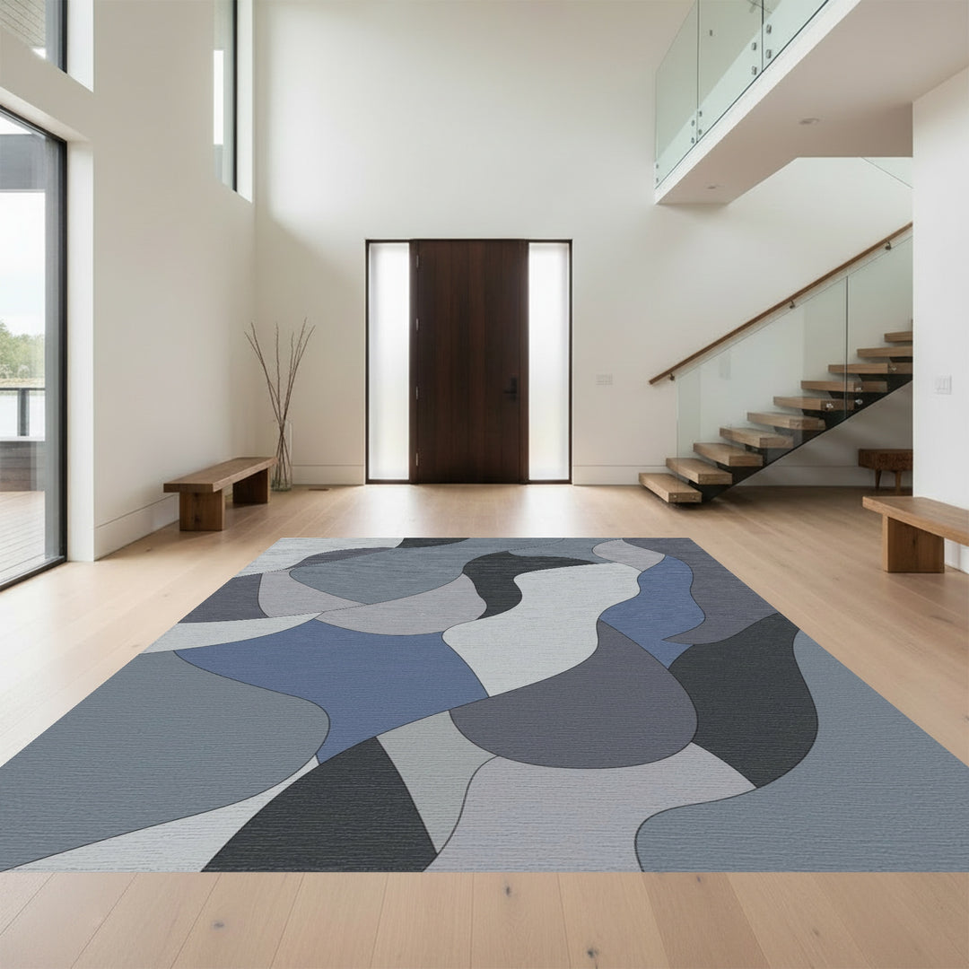 Modern Graphite Blue Abstract Waves Rug