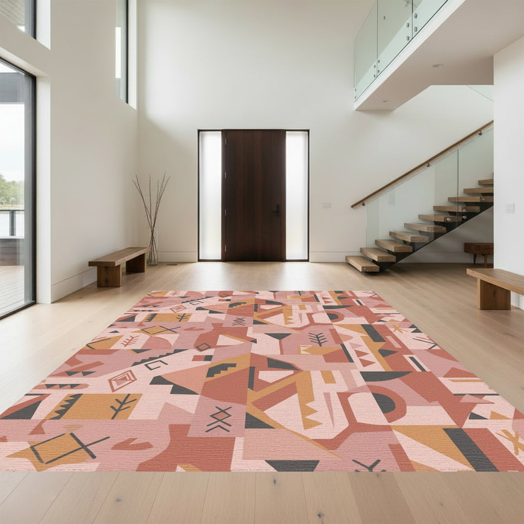 Terracotta Pink Abstract Geometric Collage Rug