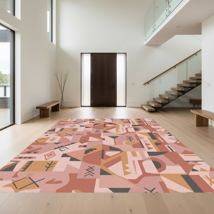 Terracotta Pink Abstract Geometric Collage Rug