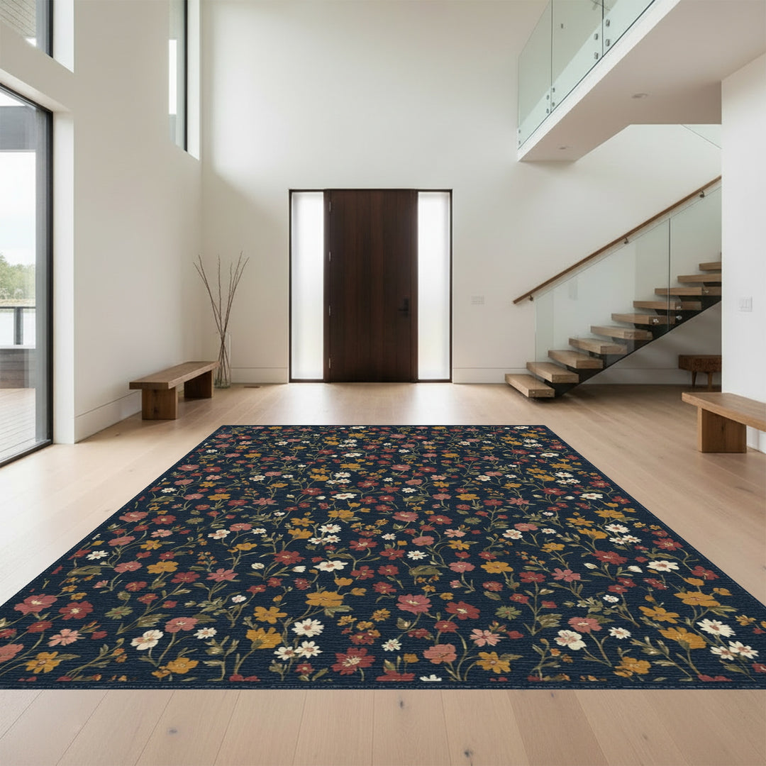 Vintage Deep Navy Floral Meadow Rug