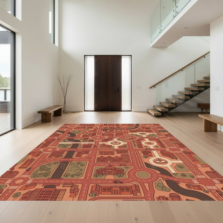 Urban Cityscape Red And Tan Map Rug