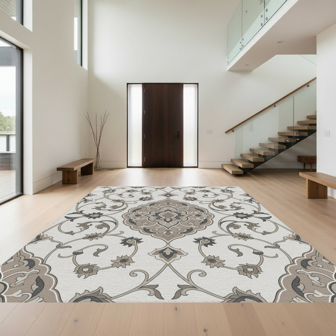 Neutral Ochre Floral Arabesque Rug