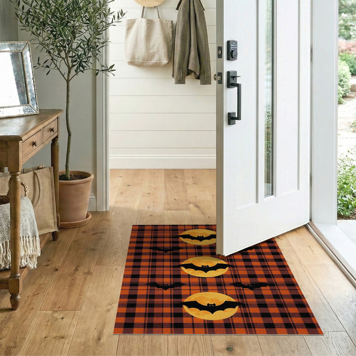 Orange Plaid Bats and Moons Area Rug