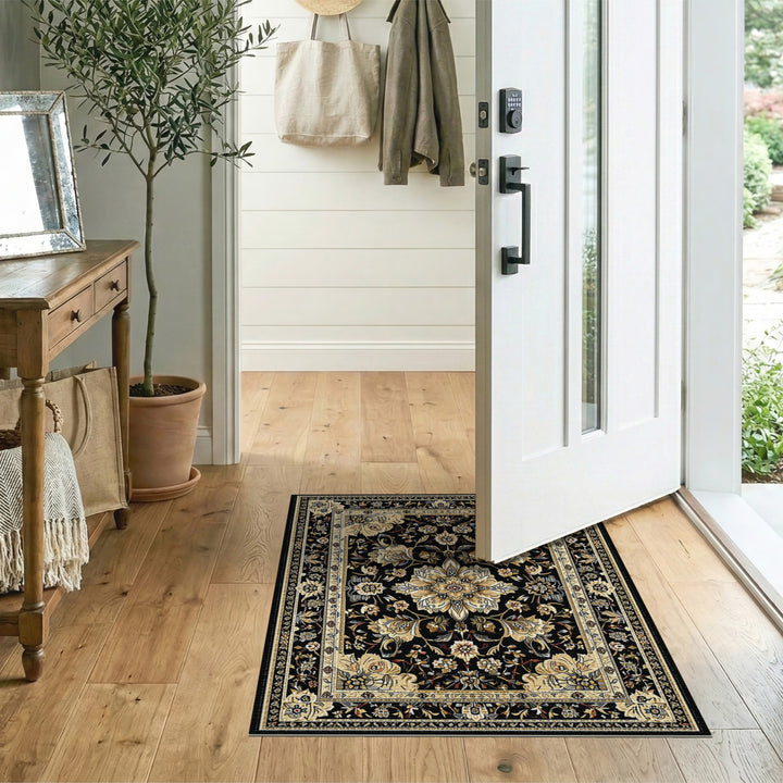 Black Gold Persian Floral Medallion Area Rug