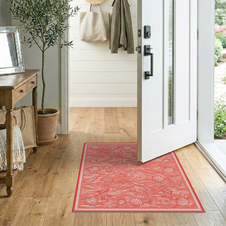 Red Coastal Mermaid Seashell Area Rug