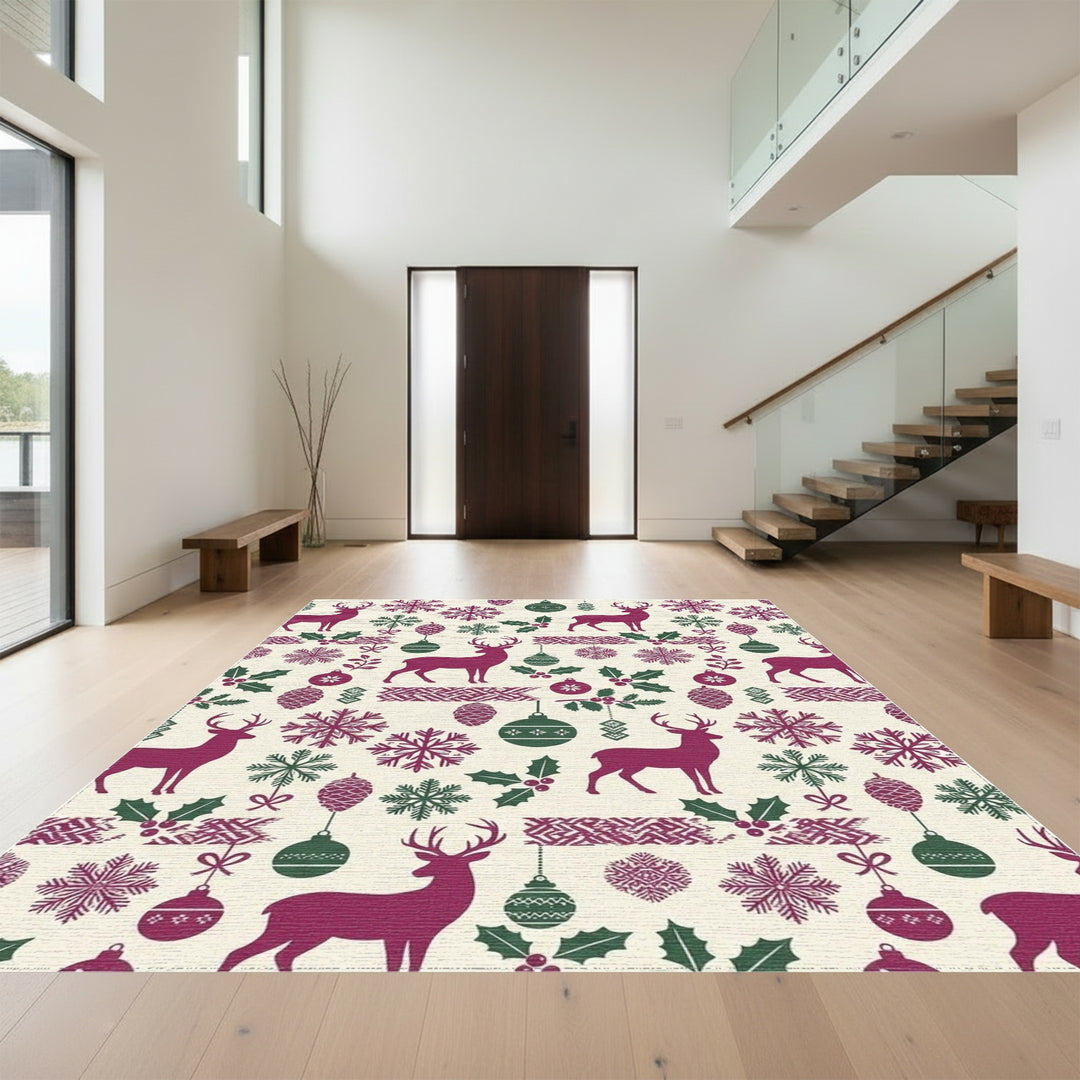 Deep Berry Reindeer Snowflake Holiday Accents Rug