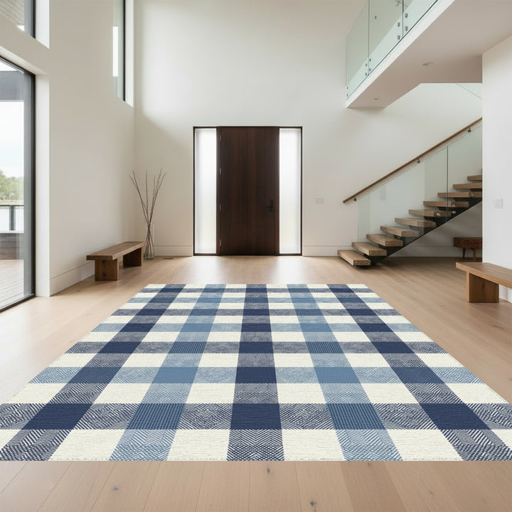 Indigo Blue Gingham Geometric Textile Rug
