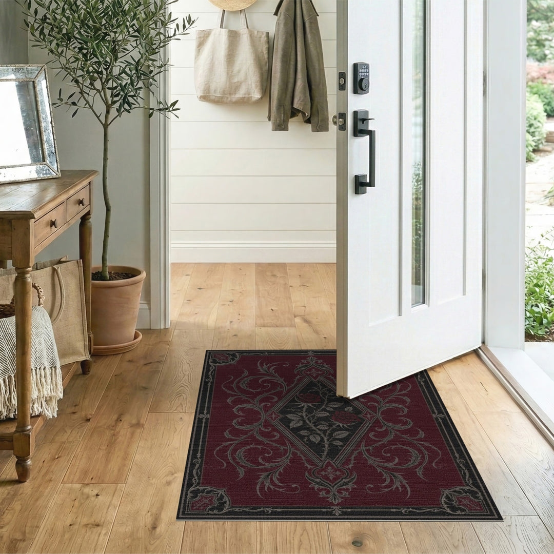 Red Floral Vintage Area Rug with Silver Roses