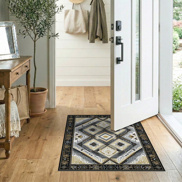 Black and White Black Gold Geometric Diamond Area Rug