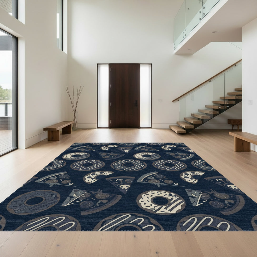 Dark Blue Pizza Donut Repeat Rug