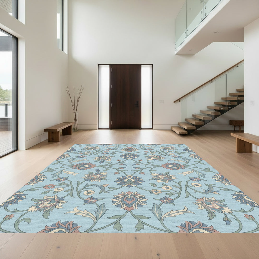 Light Blue Floral Scroll Garden Rug