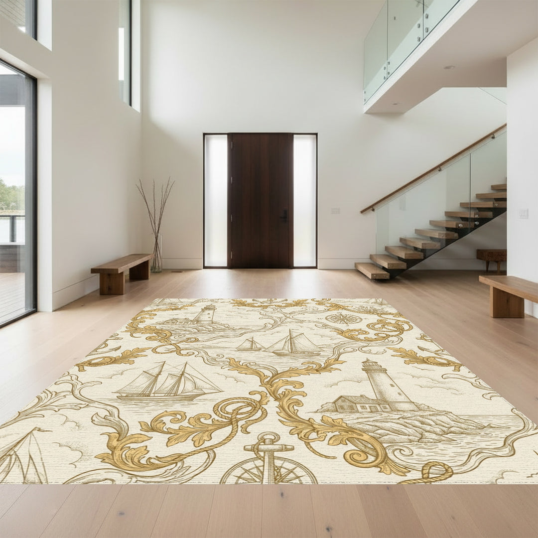 Nautical Sailboat Lighthouse Compass Scroll Rug