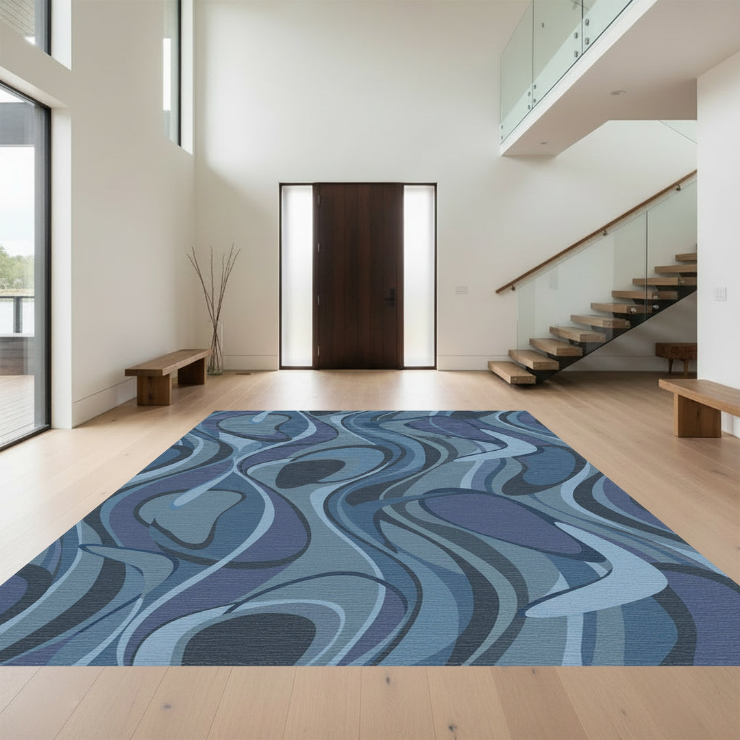 Deep Blue Swirl Abstract Forms Rug