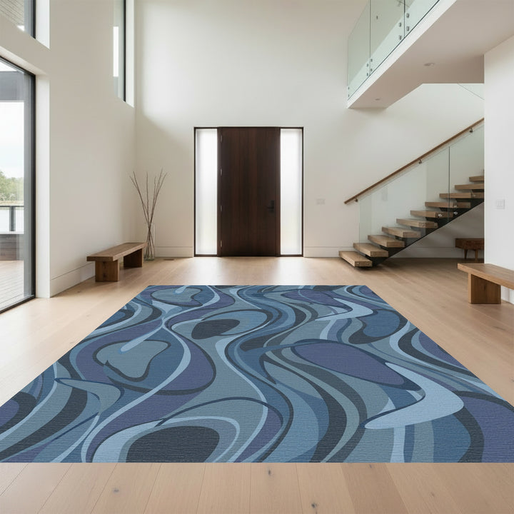 Deep Blue Swirl Abstract Forms Rug