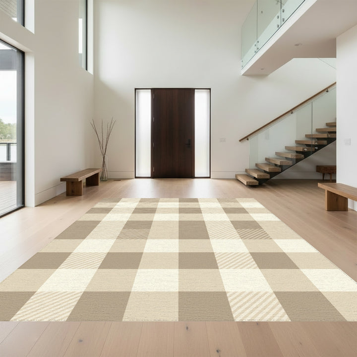 Warm Beige Checked Plaid Rug