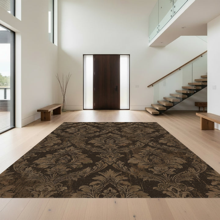 Ornate Brown Damask Vintage Rug