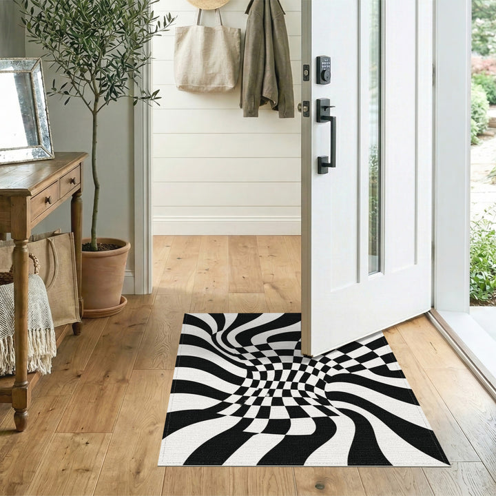 Black White Vortex Checkered Area Rug