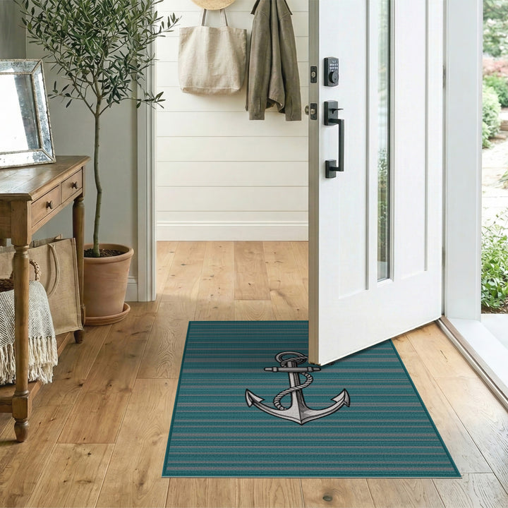Nautical Anchor Teal Striped Area Rug