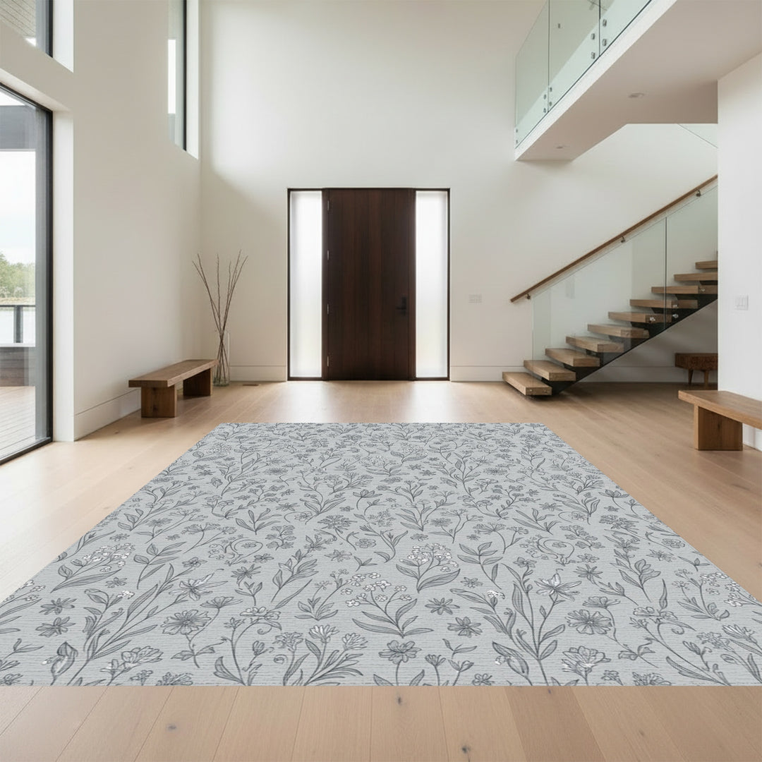 Delicate Gray Floral Botanical Garden Rug