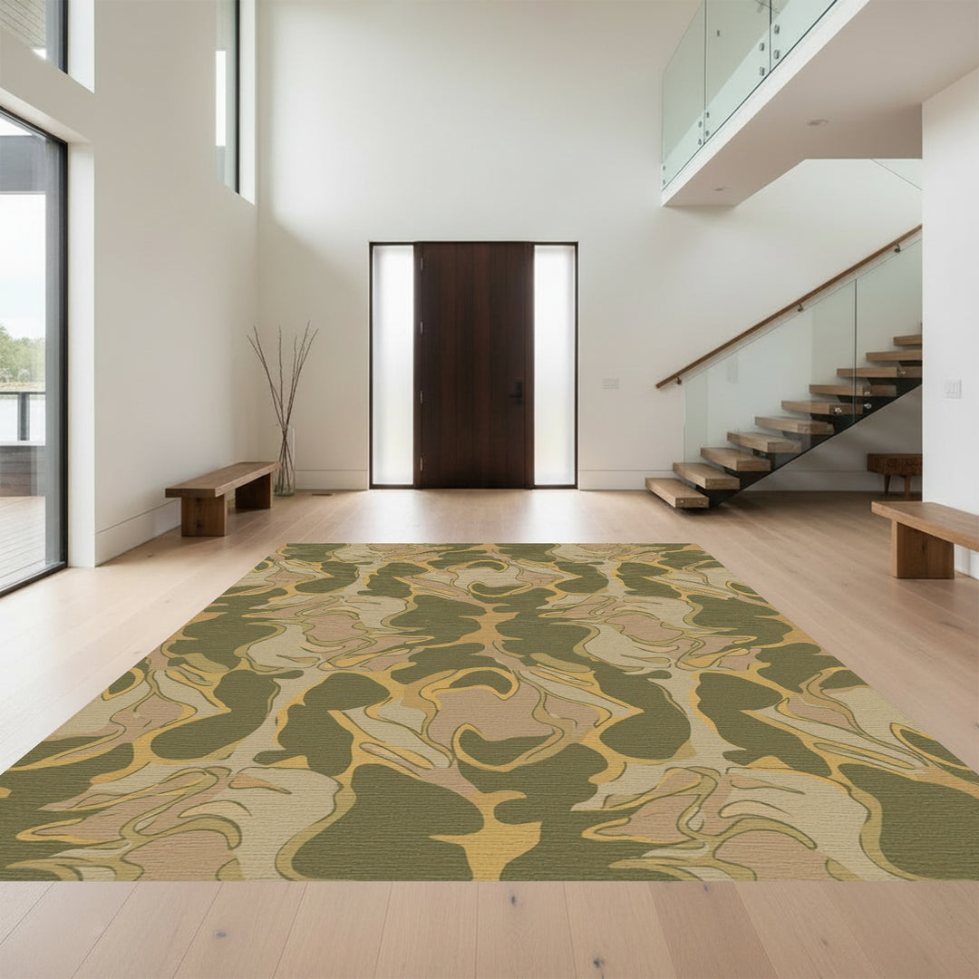 Olive Tan Abstract Camouflage Waves Rug