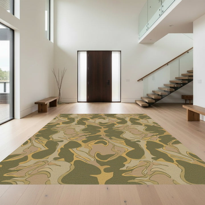 Olive Tan Abstract Camouflage Waves Rug