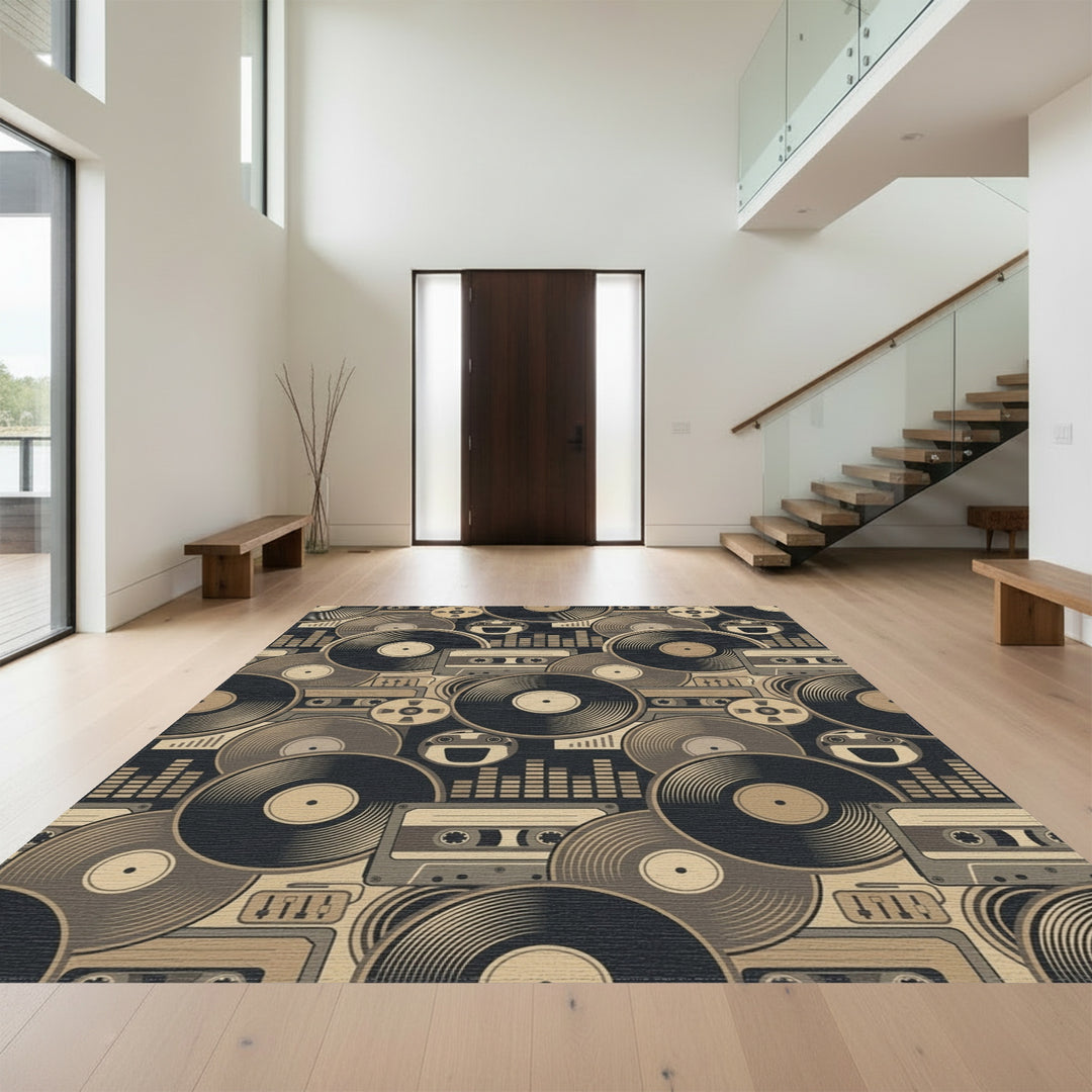 Retro Vinyl Record Cassette Tape Assemblage Rug