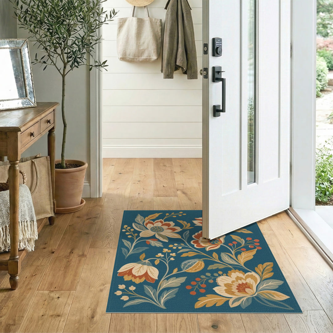 Vintage Floral Teal Washable Area Rug
