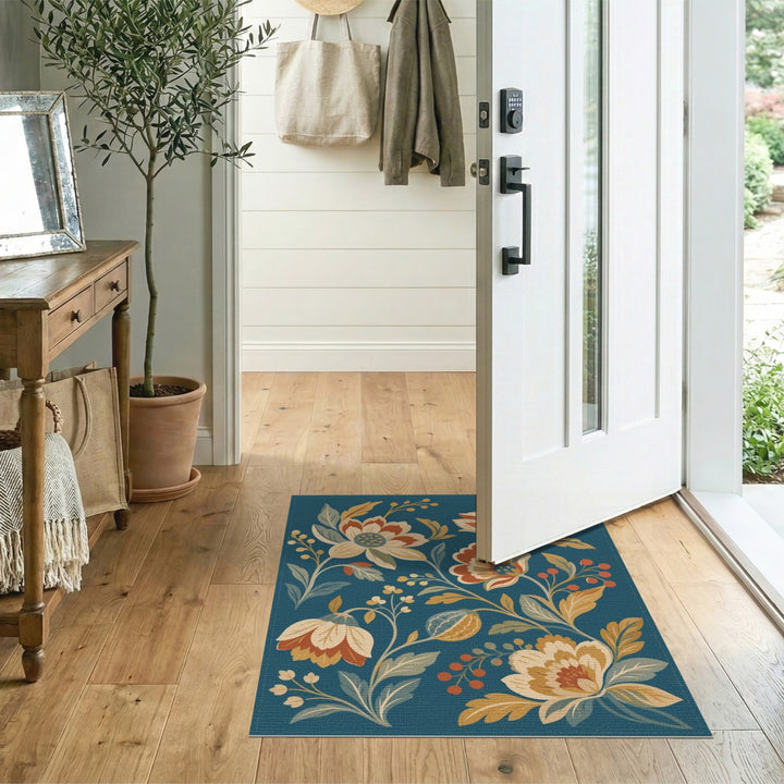 Vintage Floral Teal Washable Area Rug