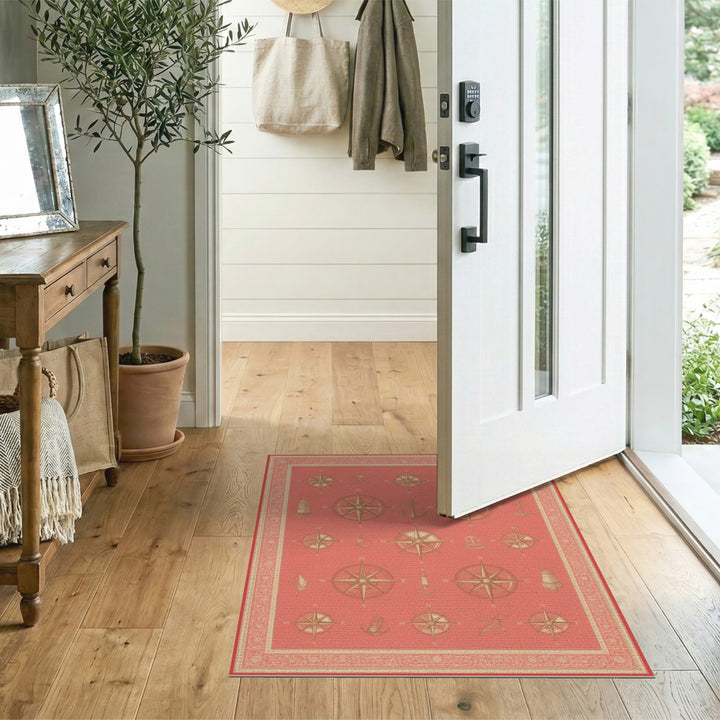 Red Nautical Compass Coastal Beach Area Rug