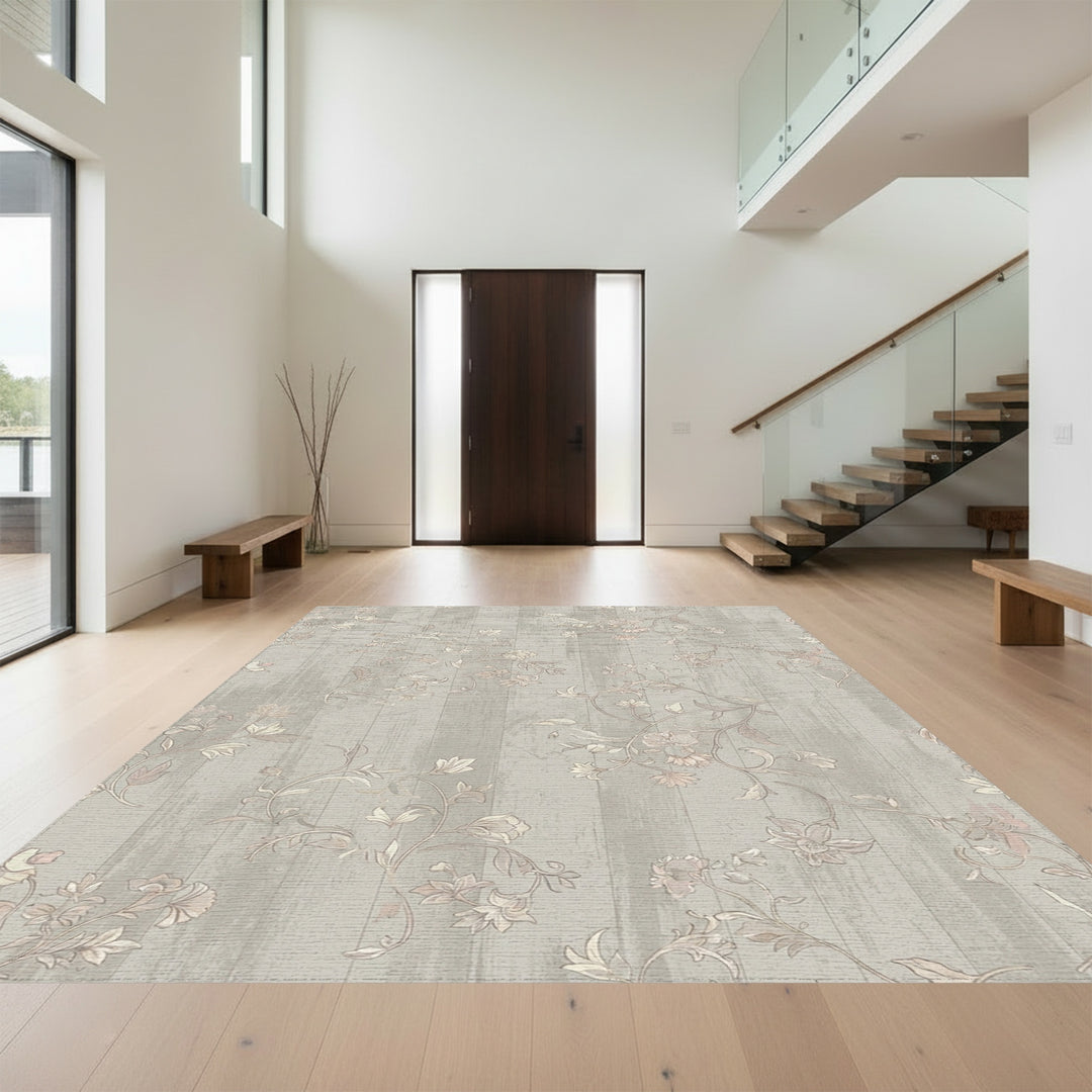 Muted Beige Floral Vine Wood Grain Rug