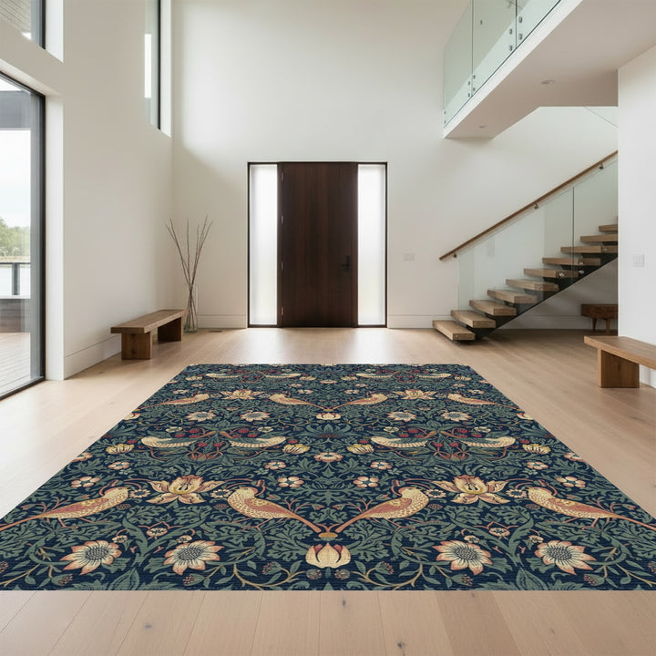 Indigo Birds and Strawberry Vines Rug