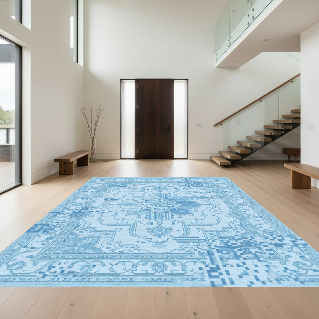 Sky Blue Glitch Medallion Rug