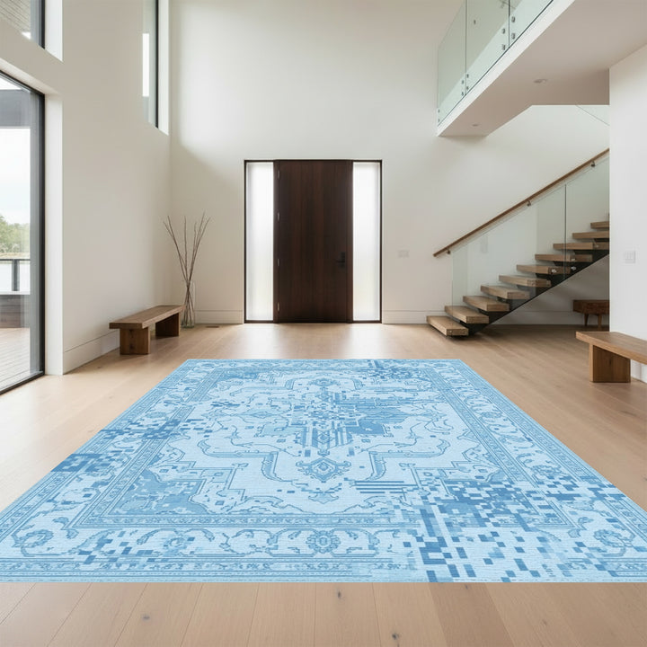 Sky Blue Glitch Medallion Rug